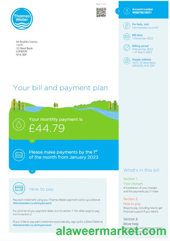 UNITED KINGDOM THAMES WATER utility bill Word and PDF template, version 3